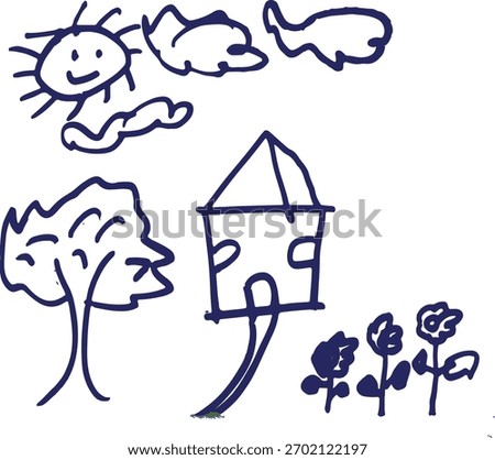Simple hand-drawn doodles featuring a sunny outdoor scene with a house, tree, and flowers, along with a second sketch of multiple expressive emoji-style faces. Cute, playful, and childlike line-art.