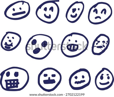 Simple hand-drawn doodles featuring a sunny outdoor scene with a house, tree, and flowers, along with a second sketch of multiple expressive emoji-style faces. Cute, playful, and childlike line-art.