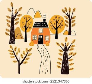 Simple hand-drawn fall cottage in jungle with vibrant fall trees vector.