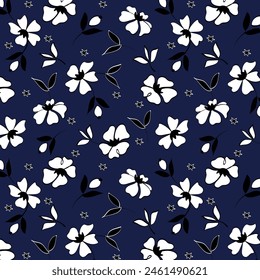 A simple hand-drawn floral pattern. White flowers on a blue background. Botanical print in a modern fashionable style.