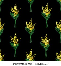 Simple hand-drawn floral vector color seamless pattern. Branches, bouquets of mimosa on a black background. Spring holiday design. For prints of fabric, textile products, packaging.