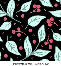 Simple vector floral dibujado a mano sin fisuras. Hojas azules, ramas, bayas rojas sobre un fondo negro. Para impresiones de tela, productos textiles, papel.