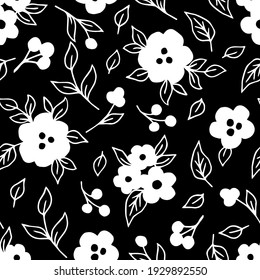 Simple vector floral dibujado a mano sin fisuras. Flores blancas en un fondo negro. Para impresiones de tela, productos textiles, decoración del hogar, prendas de vestir, papelería.