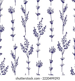 Simple hand-drawn floral vector seamless pattern. Herbal flowers and stems. Blue outline on a white background. For fabric prints, packaging, textiles.