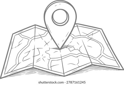A simple, hand-drawn of a folded map with a prominent location pin marking a spot, representing navigation and the concept of finding a destination.