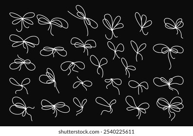 Einfache handgezeichnete Geschenkbandbogen mit einem gepflegten Knoten in minimalem Umriss auf Kreidetafelhintergrund. Dünnzeiliges Vektorsymbol im sauberen Doodle-Stil. Perfekt für Geschenkboxen, Karten und Design-Elemente