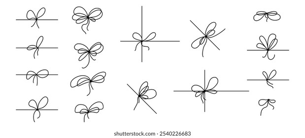 Simple hand-drawn gift ribbon bow with a neat knot in minimal outline style. Thin line vector icon set in clean doodle style. Perfect for present boxes, cards, and design elements.