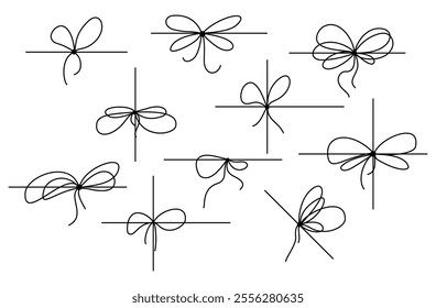 Simple hand-drawn gift ribbon bow with a neat knot in minimal outline style. Thin line vector icon set in clean doodle style. Perfect for present boxes, cards, and design elements.