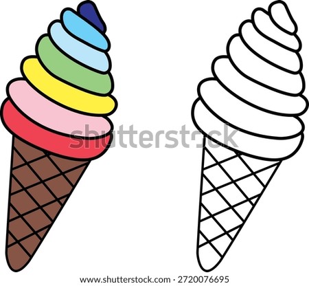 Simple hand-drawn ice cream cone with a single scoop, black and white line art vector illustration for children's colouring page.