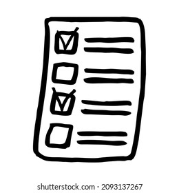 Simple hand-drawn icon of the paper sheet with list. Black and white outline vector sketch