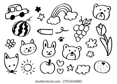 Simple Hand-Drawn Icon Set – Line Art Illustrations of Car, Animals, Fruit and Flowers
