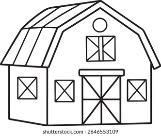 Uma ilustração simples, desenhada à mão de um celeiro com um telhado de gambrel, com portas e janelas com um padrão 'X'. O desenho é isolado em um fundo branco limpo.