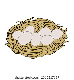 A simple, hand-drawn illustration of a bird's nest containing several eggs. The nest is depicted with intertwined brown twigs and leaves, and the eggs are a light beige color.