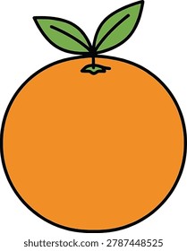 A simple, hand-drawn illustration of a bright orange fruit with two green leaves on top, isolated on a white background.