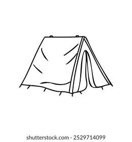 Simple hand-drawn illustration of a camping tent. Perfect for outdoor adventure, travel, and wilderness-themed projects. Black-and-white line art ideal for minimalistic and eco-friendly designs