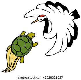 A simple hand-drawn illustration of a crane and a turtle
