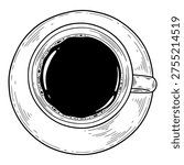 A simple, hand-drawn illustration of a cup of black coffee on a saucer, viewed from directly above.