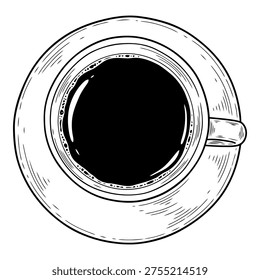 A simple, hand-drawn illustration of a cup of black coffee on a saucer, viewed from directly above.