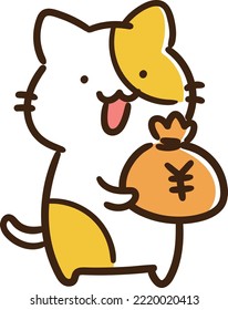 A simple hand-drawn illustration of a cute cat holding a bag full of money that can be used in various situations such as repaying a loan or receiving a salary.