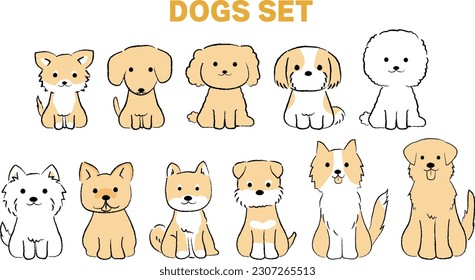 Simple hand-drawn illustration of a cute dog Whole body sitting yellow