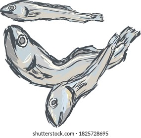 A simple hand-drawn illustration of dried sardines