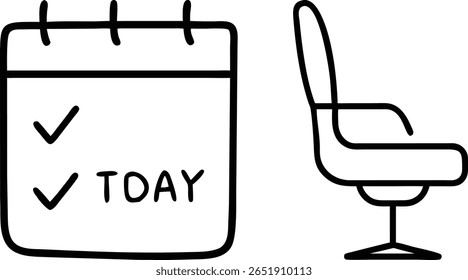 A simple, hand-drawn illustration features a calendar with two checkmarks and the word "TODAY" next to a stylized office chair.