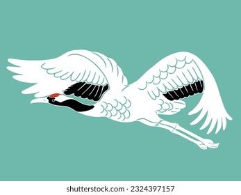 Simple Hand-drawn Illustration of Flying Japanese Crane (Tancho)
