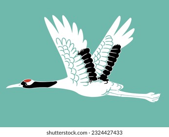 Simple Hand-drawn Illustration of Flying Japanese Crane (Tancho)
