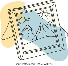 A simple, hand-drawn illustration of a framed mountain landscape with a sun and clouds, set against soft, abstract color shapes.