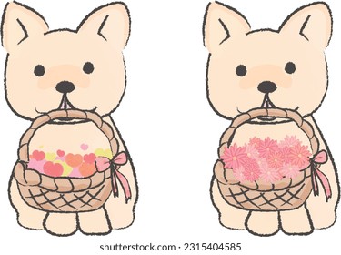 A simple, hand-drawn illustration of a French bulldog with a basket of hearts and a basket filled with flowers