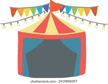 Simple hand-drawn illustration of garland, tent and circus hut