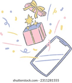 Sencilla ilustración a mano de una caja de regalo y la aparición actual de un smartphone
