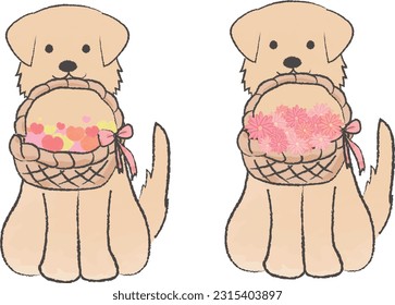 
Simple hand-drawn illustration of a golden retriever holding a basket of hearts and a basket of flowers