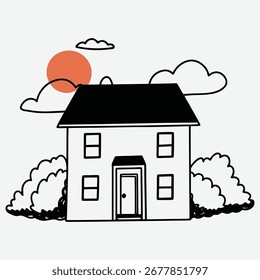 Ilustración simple y dibujada a mano de una casa con ventanas, una puerta, arbustos, nubes y un sol.