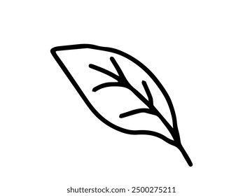 Simple hand-drawn illustration of a leaf in a black and white outline, drawn in a minimalist style. Concept of nature, botany, environment, and plant life. Icon, illustration, design element.
