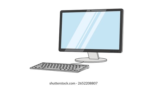 Ilustração à mão simples de um monitor de computador moderno com um teclado na frente exibido em um fundo branco