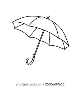 Simple hand-drawn illustration of an open umbrella. Ideal for weather-related projects, minimalist designs, and rainy day themes. Black-and-white line art for versatile use