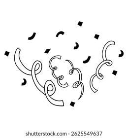 Simple hand-drawn illustration of party streamers and confetti in black. Perfect for festive designs, celebrations, invitations, and digital decorations.  