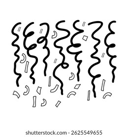 Simple hand-drawn illustration of party streamers and confetti in black. Perfect for festive designs, celebrations, invitations, and digital decorations.  