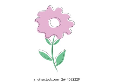 Simple hand-drawn illustration of a pink flower with green leaves and stem, perfect for spring or children designs.