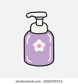 A simple hand-drawn illustration of a purple soap dispenser with a small white flower icon on a light background.