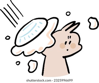 Simple hand-drawn illustration of a rabbit throwing a pie