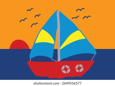 A simple, hand-drawn illustration of a red sailboat with blue and yellow sails on dark blue water, against an orange sunset sky with a red sun and black birds.