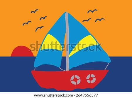 A simple, hand-drawn illustration of a red sailboat with blue and yellow sails on dark blue water, against an orange sunset sky with a red sun and black birds.