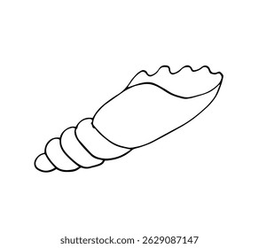 Einfache handgezeichnete Illustration einer Muschel im minimalistischen Linien-Kunststil. Reinigen Sie den schwarzen Umriss auf weißem Hintergrund. Perfekt für Designs zum Thema Strand, Malbücher, Tätowierungen, Naturdrucke