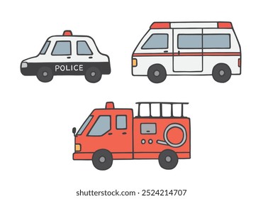 Simple hand-drawn illustration set of police cars, ambulances, and fire trucks