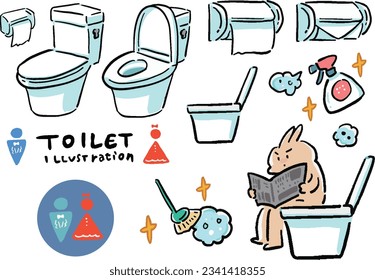 Simple hand-drawn illustration set related to toilet