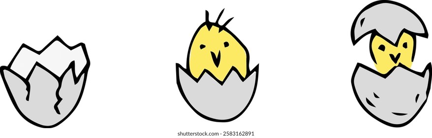 A simple hand-drawn illustration showing three stages of a hatching chick emerging from an egg. Perfect for Easter and spring themes.  