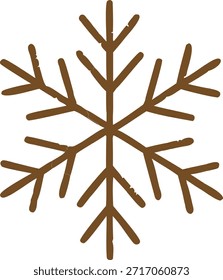 Eine einfache, handgezeichnete Illustration einer sechszackigen braunen Schneeflocke auf weißem Hintergrund. Die Linien haben eine leicht strukturierte oder kreideähnliche Erscheinung.