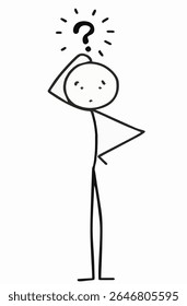 Uma ilustração simples, desenhada à mão de uma figura de vara que coça a cabeça, parecendo intrigada ou pensativa. Um grande ponto de interrogação preto flutua acima de sua cabeça, simbolizando confusão, dúvida